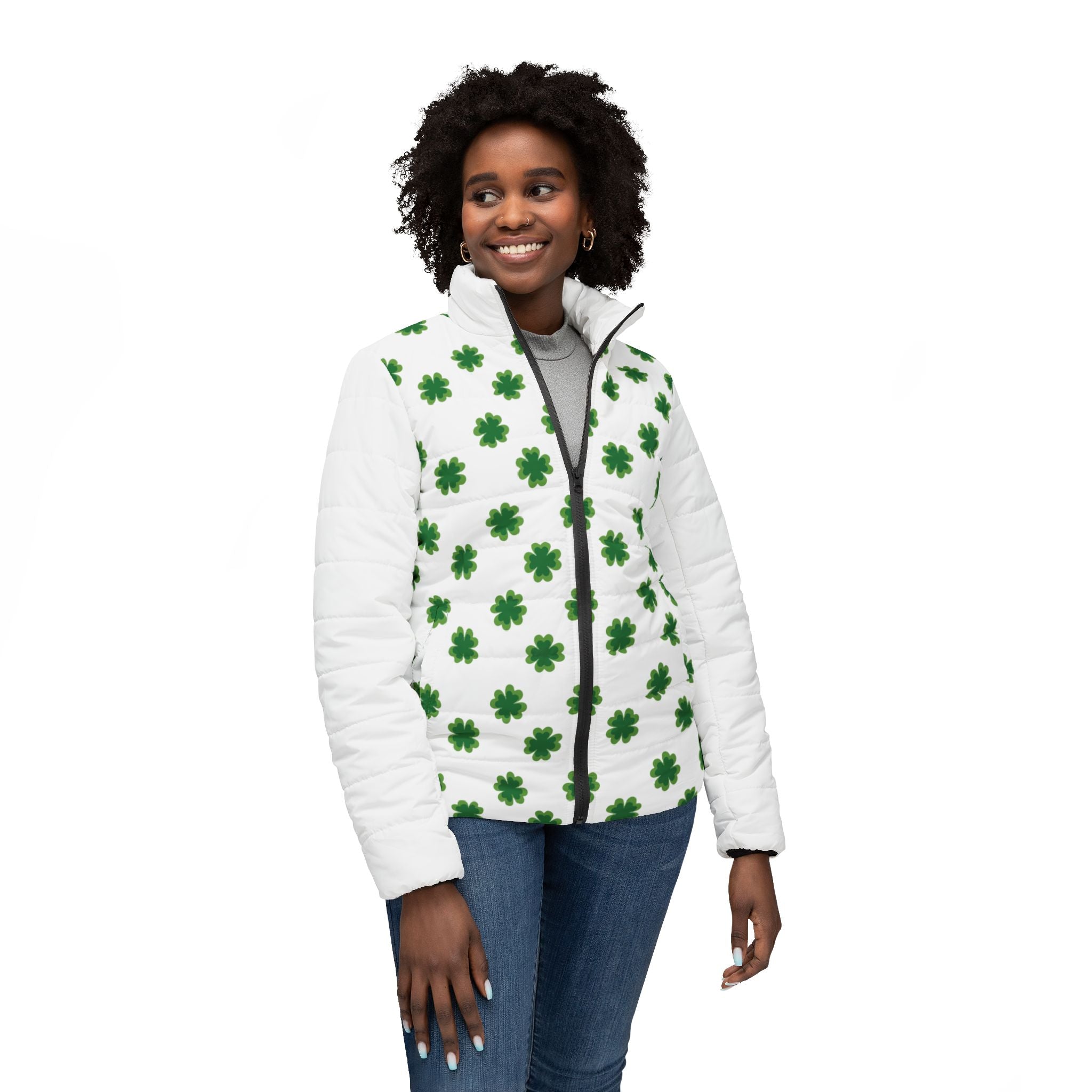 Women’s Puffer Jacket — Green Shamrock All-Over Print (St. Patrick’s Day)